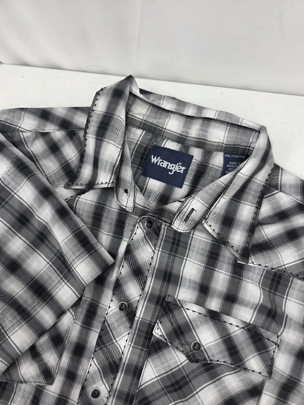 Wrangler Women Western Shirt Black Pearl Snap Short Sleeve Black White Plaid 2XL